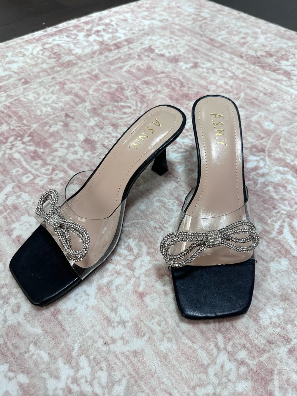 NEW 🖤 Y2K Crystal Bow Clear Strap Slip On Heels - Picture 1 of 9